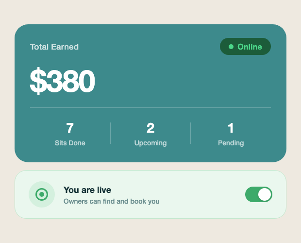Sitter earnings dashboard on PetStay